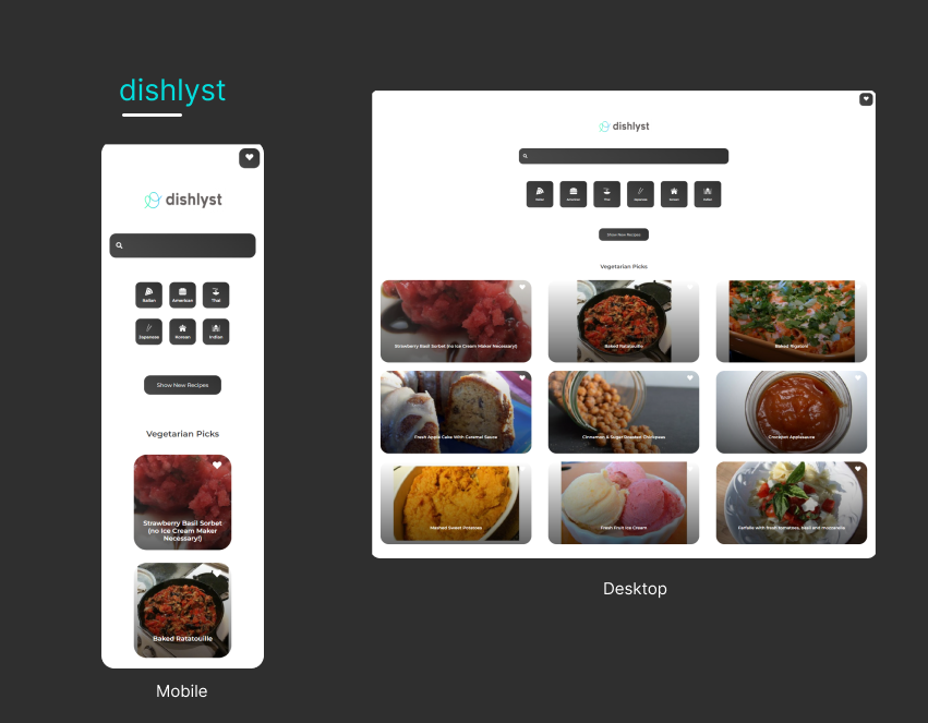 dishlyst web app displayed in mobile and desktop versions