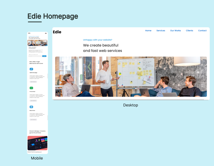 IT business homepage / landing page shown in mobile and desktop versions