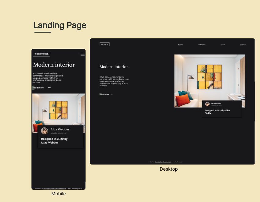 interior design consultant business landing page shown in mobile and desktop versions