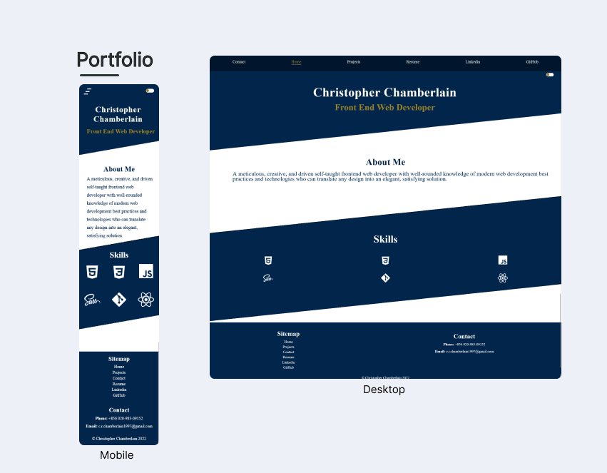 chris chamberlain's old create react app portfolio site shown in mobile and desktop versions